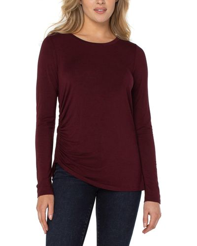Liverpool Los Angeles Long Sleeve Crew Neck Modal Knit Top W/ Shirring - Red