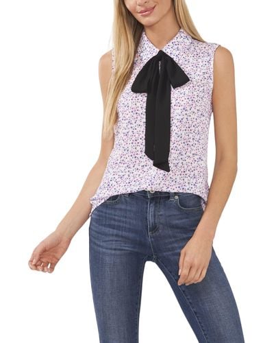 Cece Sleeveless Floral Bow Blouse - Blue