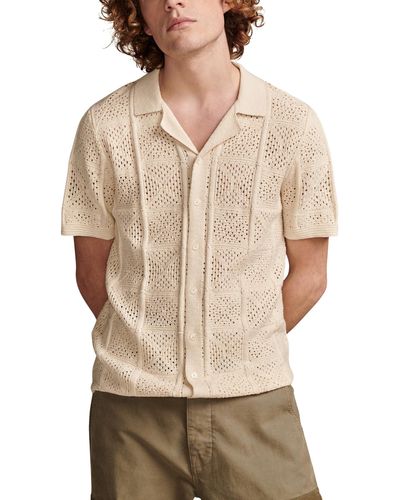 Lucky Brand Crochet Camp Collar Short Sleeve Shirt - Natural