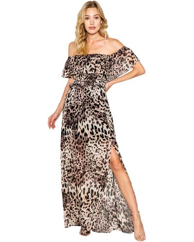 Lavender Brown Cheetah Printed Off-the-shoulder Maxi Dress With Smocking Detail At The Bust - Brown