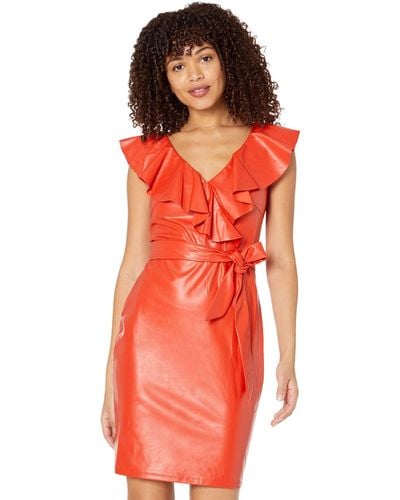 Bebe Faux Leather Ruffle Wrap Dress - Red