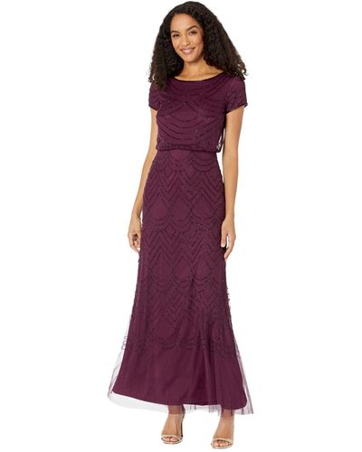 Adrianna Papell Short Sleeve Blouson Beaded Gown - Purple