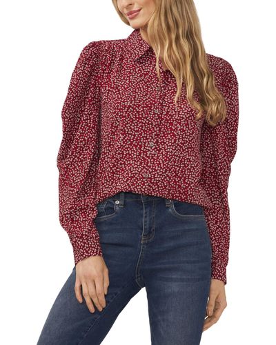 Cece Long Sleeve Button-down Floral Blouse With Collar - Red