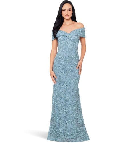 Xscape Off The Shoulder Long Lace Dress - Blue