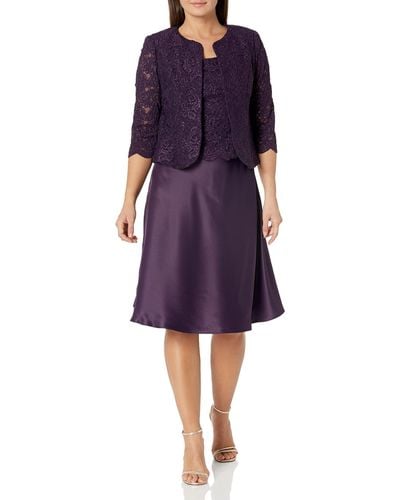 Alex Evenings Tea Length Jacket Dress With Lace Open Jacket And Tank With Satin Skirt - Purple