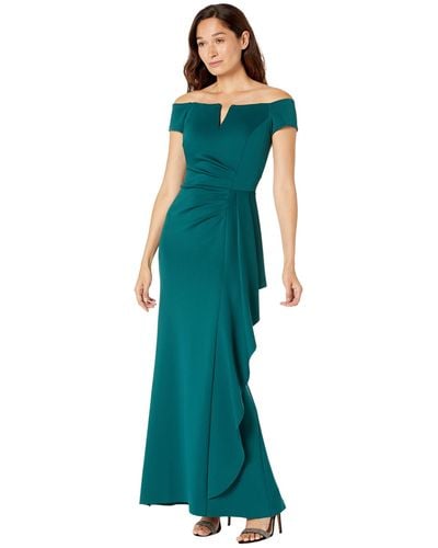 Xscape Long Scuba Off-the-shoulder Dress With Side Ruffle - Green