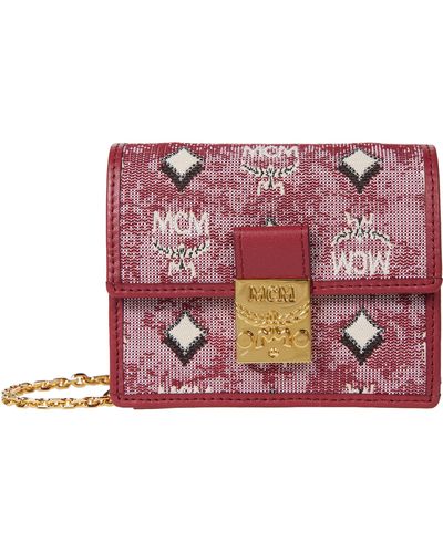 MCM Vintage Jacquard Card Wallet On A Chain - Red