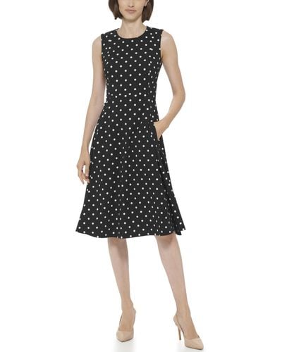 Calvin Klein Polka Dot Fit And Flair Scuba Crepe Dress - Black