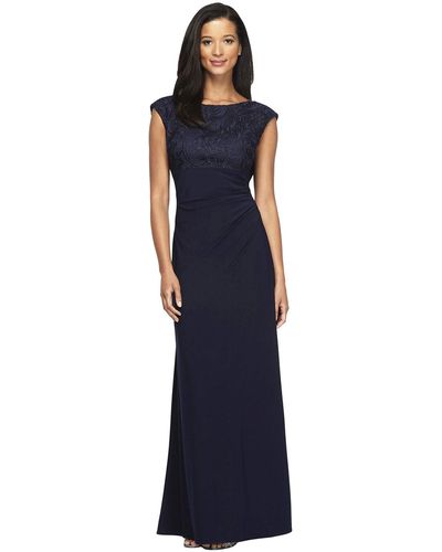 Alex Evenings Long Cap Sleeve Empire Waist Dress With Embroidered Lace Bodice - Blue