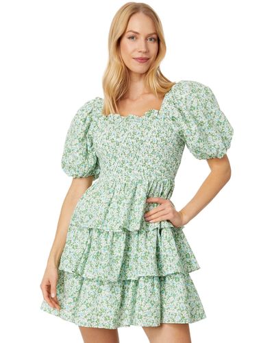 English Factory Crinkled Floral Linen Smocked Tiered Mini Dress - Green