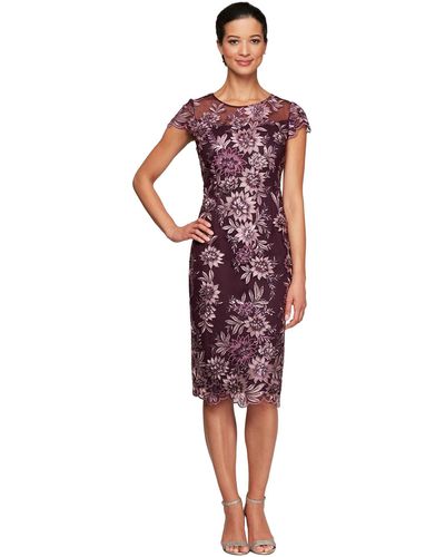 Alex Evenings Midi Length Embroidered Cap Sleeve Dress With Illusion Neckline And Scallop Detail Hem - Purple