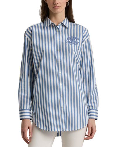 Lauren by Ralph Lauren Oversize Striped Cotton Broadcloth Shirt - Blue