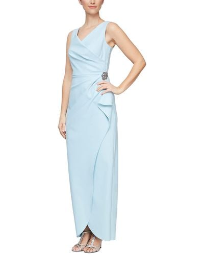 Alex Evenings Slimming Long Side Ruched Dress With Cascade Ruffle Skirt - Blue
