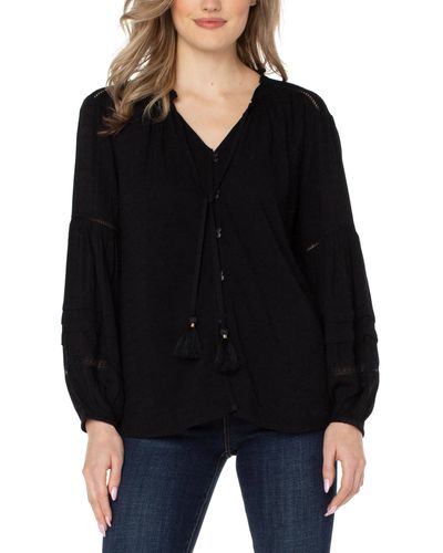 Liverpool Los Angeles Long Sleeve Popover Shirred Blouse - Black