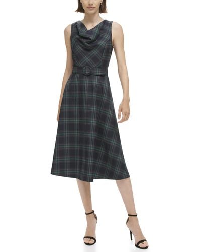 Vince Camuto Plaid Cowl Neck Fit-and-flare Belted Midi Dress - Black