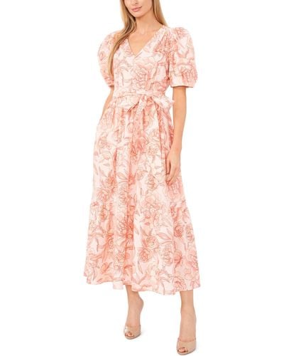 Cece Printed Linen Puff Sleeve V-neck Maxi Dress - Pink