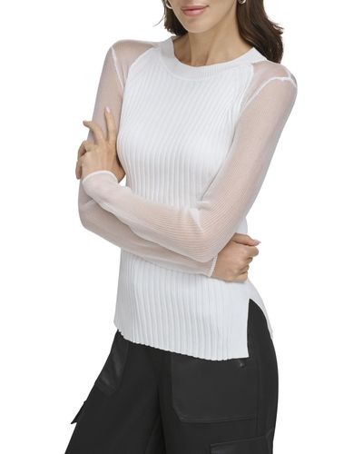 DKNY Long Sleeve Sheer Yarn Combo Sweater - White