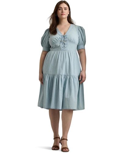 Lauren by Ralph Lauren Plus-size Chambray Puff-sleeve Dress - Blue