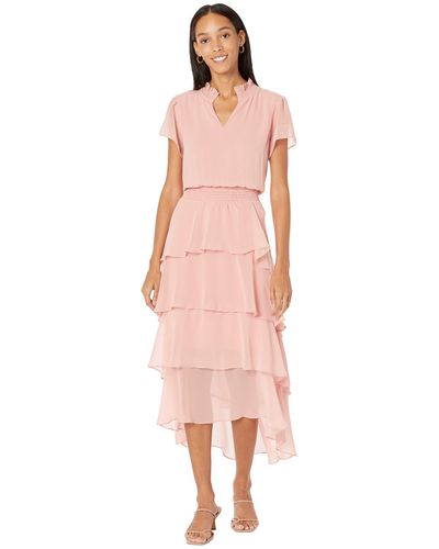 1.STATE Short Sleeve Smock Neck Ruffle Tier Maxi Dress - Pink