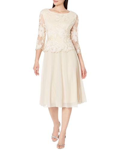Alex Evenings Tea Length Embroidered Dress With Illusion Sleeve And Scallop Detail Full Skirt - Natural