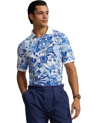 Polo Ralph Lauren Classic Fit Floral Print Mesh Polo Short Sleeve Shirt - Blue