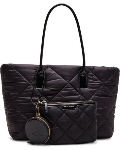 Anne Klein Quilted Nylon Tote With Pouch And Coin Purse - Black