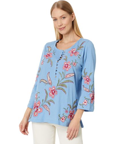 Johnny Was Libbi 3/4 Sleeve Button Front Tee - Blue