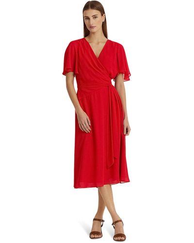 Lauren by Ralph Lauren Belted Georgette Dress - Red