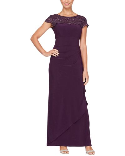 Alex Evenings Long Empire Waist Dress With Cascade Skirt And Embroidered Neckline - Purple