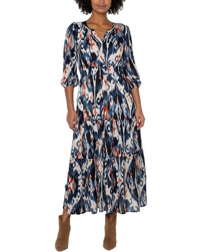 Liverpool Jeans Company 3/4 Sleeve Woven Tiered Maxi Dress - Blue