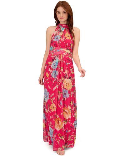 Adrianna Papell Printed Chiffon Mock Neck Halter Long Gown - Red