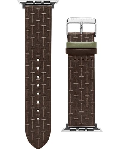 Ted Baker T-embossed Leather Light Green Keeper Smartwatch Band Compatible With Apple Watch Strap 42mm, 44mm - Brown