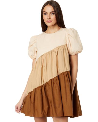 English Factory Asymmetrical Color-block Puff Sleeve Dress - Brown