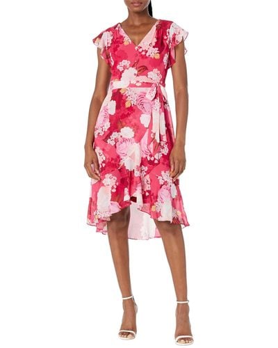 Adrianna Papell Printed Floral Chiffon Side Wrap Dress With Cascade Ruffle - Red