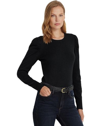 Lauren by Ralph Lauren Petite Cotton-blend Puff-sleeve Sweater - Black