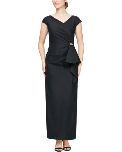 Alex Evenings Long Stretch Scuba Dress With Front Cascade Detail And Surplice Neckline With Cap Sleeves - Black