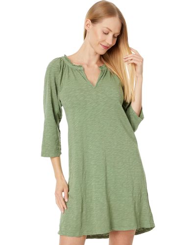 Mod-o-doc 3/4 Sleeve Shirred Split Neck Dress - Green