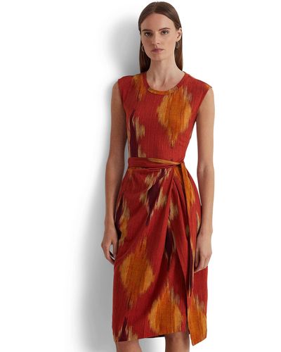 Lauren by Ralph Lauren Plus Size Geo-print Shantung Tie-waist Dress - Red