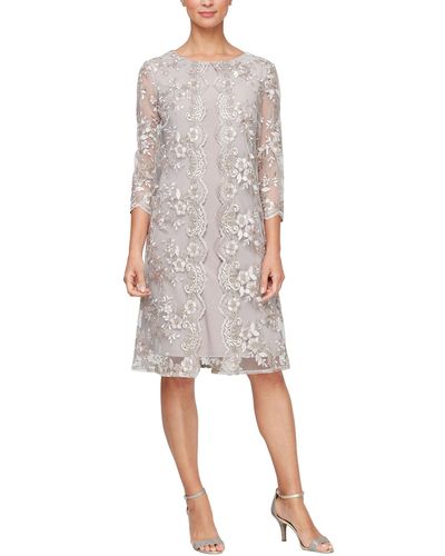 Alex Evenings Short Embroidered Mock Dress With Illusion Sleeves - Gray