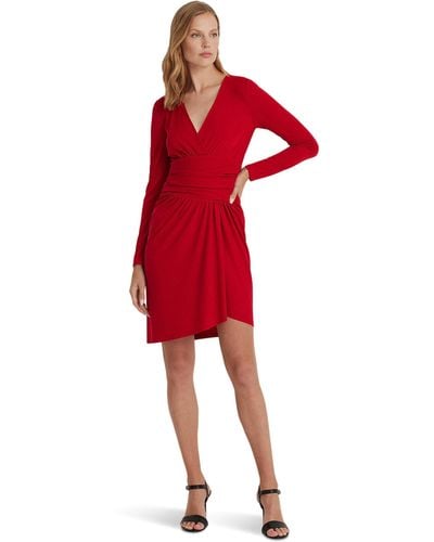 Lauren by Ralph Lauren Ruched Stretch Jersey Surplice Dress - Red