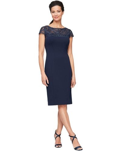 Alex Evenings Short Sheath Dress With Embroidered Illusion Neckline And Cap Sleeves - Blue