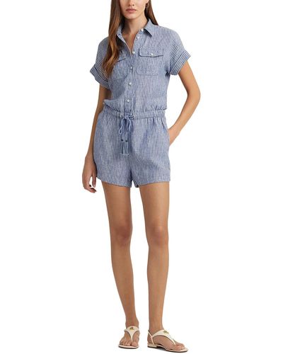 Lauren by Ralph Lauren Pinstripe Linen Shorts-sleeve Romper - Blue