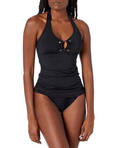 Calvin Klein Solid Halter Tankini Swimsuit With Removable Soft Cups - Black