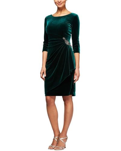 Alex Evenings 3/4 Sleeves Short Side Ruched Dress W/ Beaded Detail At Hip - Black