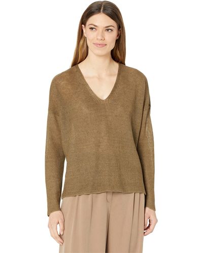 Eileen Fisher V-neck Flat Saddle Sweater In Organic Linen Delave - Green