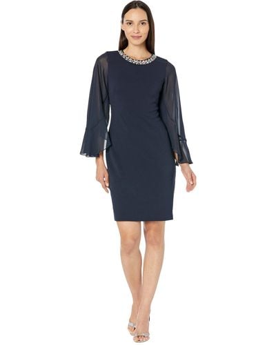 Vince Camuto Split Caped Bodycon Dress With Embellished Neck - Blue
