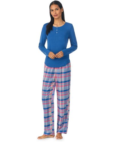 Lauren by Ralph Lauren Long Sleeve Knit Henley Top Woven Pants Pj Set - Blue