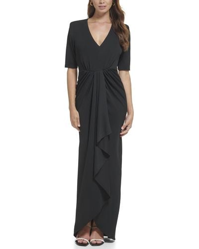 Calvin Klein 3/4 Sleeve Gown With Front Ruched - Black