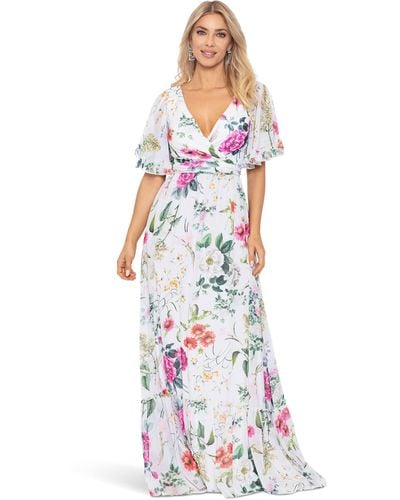 Betsy & Adam Long Floral Flare Sleeve Dress - White