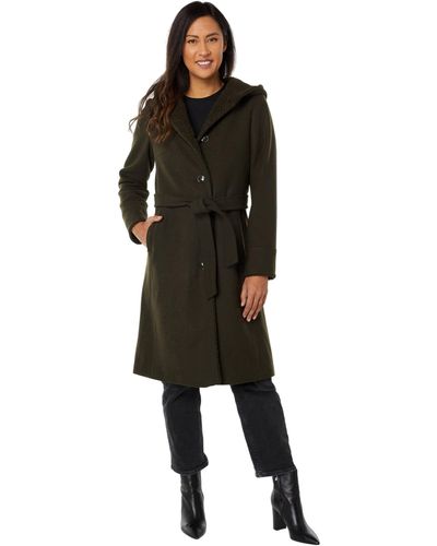 Kate Spade Belted Single Breasted Wool Twill With Sherpa Lined Hood - Green